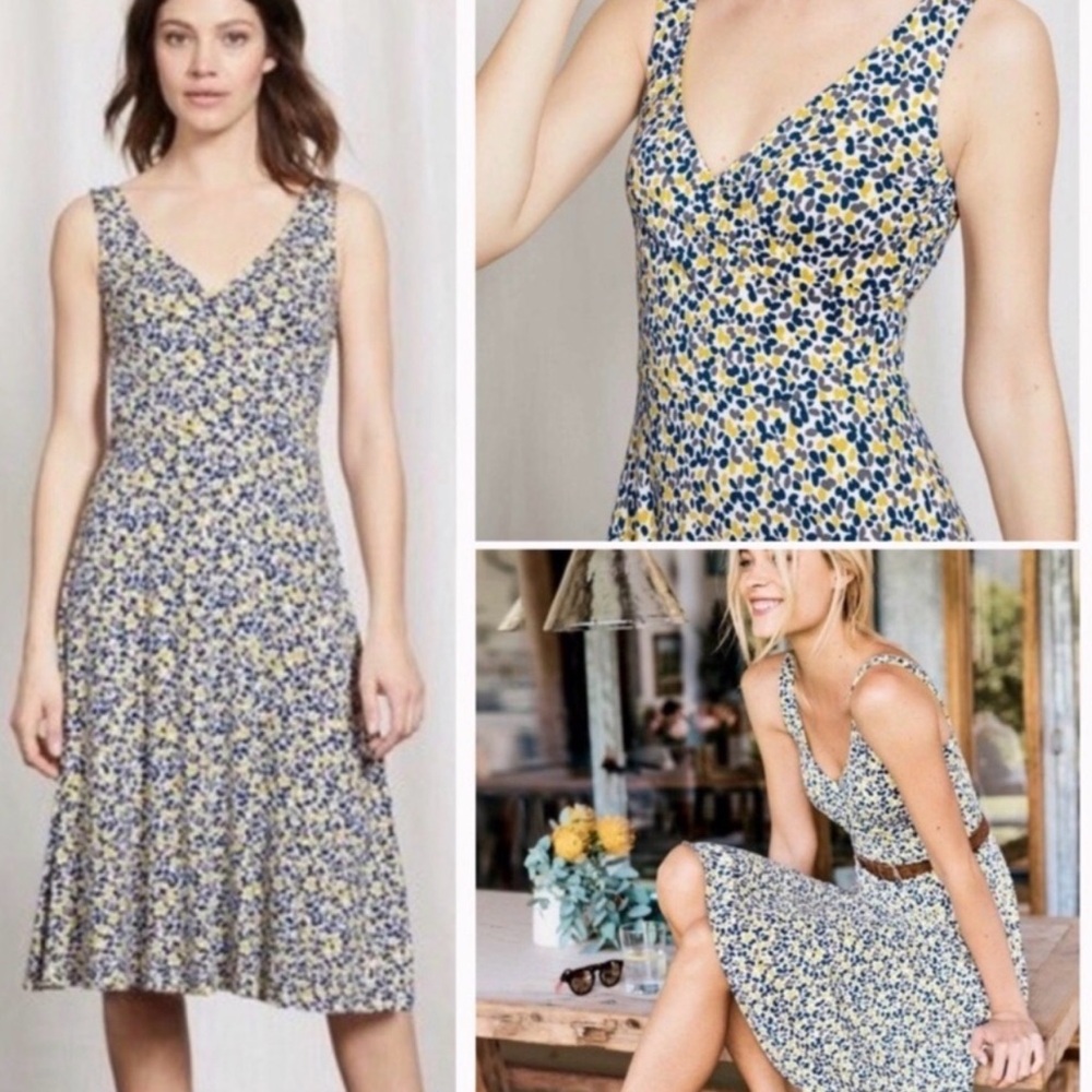 Boden Willa Faux Wrap Jersey Dress Ditsy Floral Print Size 16L Yellow/Blue